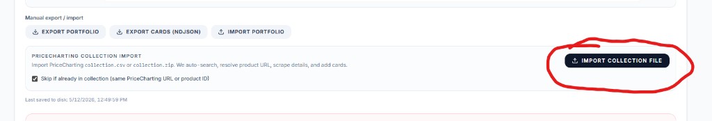 Manual export import section with PriceCharting collection import and Import collection file button