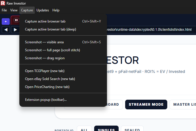 Capture menu expanded with capture tab, deep capture, screenshots, and open site links