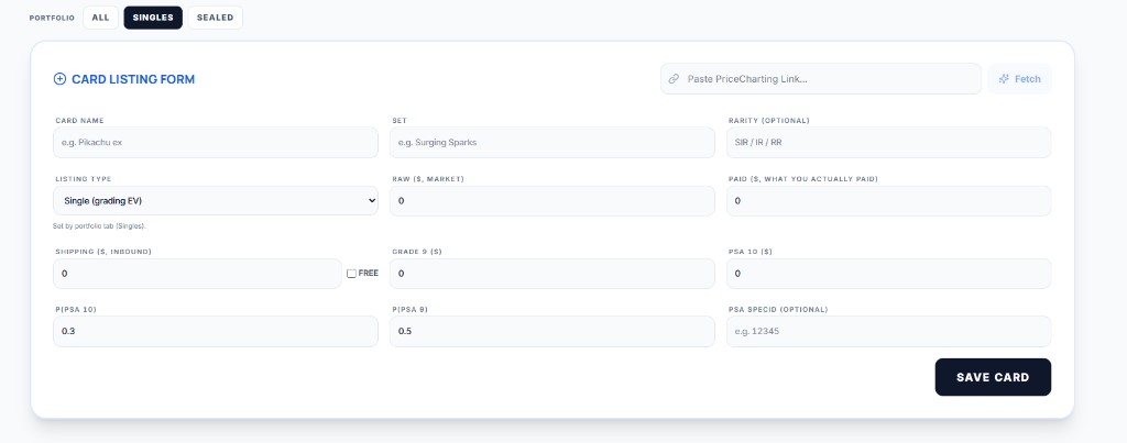 Card listing form with PriceCharting paste field and Fetch button