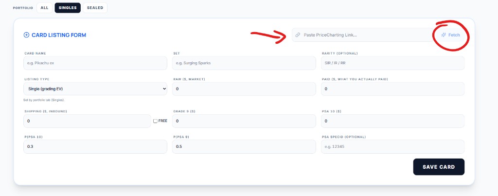 Highlight on Fetch next to PriceCharting URL field